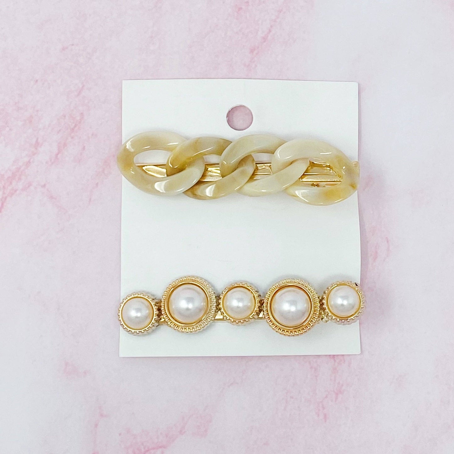 Marble Chain And Pearl Hair Clip Set